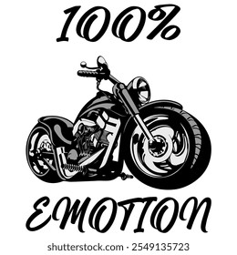 Stylized Vector Image Of A Custom Motorcycle On A White Background With Lettering 100% EMOTION. T-shirt Image