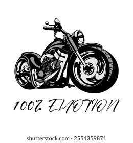 Stylized Vector Image Of A Custom Motorcycle On A White Background With Lettering 100% EMOTION. T-shirt Image. Jacket design.