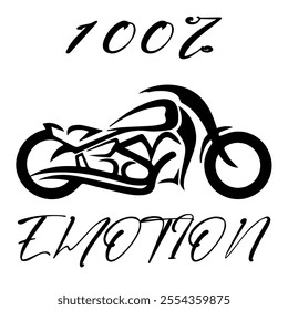 Stylized Vector Image Of A Custom Motorcycle On A White Background With Lettering 100% EMOTION. T-shirt Image. Jacket design.