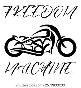 Stylized Vector Image Of A Custom Motorcycle On A White Background With Lettering FREEDOM MACHINE. T-shirt Image. Jacket design.