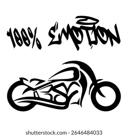 Imagem Vetorial Estilizada De Uma Motocicleta Personalizada Em Um Plano De Fundo Branco Com 100% De EMOÇÃO. Imagem da camiseta. Imagem Para Tatuagem. Design de jaqueta.