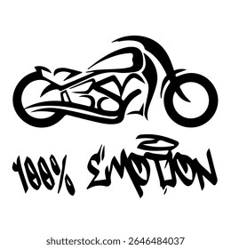 Imagem Vetorial Estilizada De Uma Motocicleta Personalizada Em Um Plano De Fundo Branco Com 100% De EMOÇÃO. Imagem da camiseta. Imagem Para Tatuagem. Design de jaqueta.