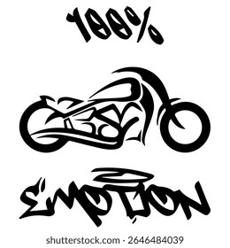 Imagem Vetorial Estilizada De Uma Motocicleta Personalizada Em Um Plano De Fundo Branco Com 100% De EMOÇÃO. Imagem da camiseta. Imagem Para Tatuagem. Design de jaqueta.