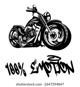 Stylized Vector Image Of A Custom Motorcycle On A White Background With Lettering 100% EMOTION. T-shirt Image. Image For Tattoo. Jacket design.