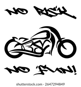 Imagem Vetorial Estilizada De Uma Motocicleta Personalizada Em Um Fundo Branco Com Letras SEM RISCO SEM DIVERSÃO! Imagem da camiseta. Imagem Para Tatuagem. Design de jaqueta.