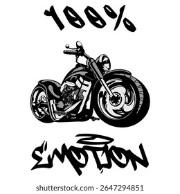 Imagem Vetorial Estilizada De Uma Motocicleta Personalizada Em Um Plano De Fundo Branco Com 100% De EMOÇÃO. Imagem da camiseta. Imagem Para Tatuagem. Design de jaqueta.