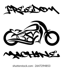 Imagem Vetorial Estilizada De Uma Motocicleta Personalizada Em Um Fundo Branco Com MÁQUINA DE LIBERDADE De Letras. Imagem da camiseta. Imagem Para Tatuagem. Design de jaqueta.