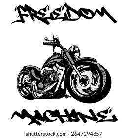 Imagem Vetorial Estilizada De Uma Motocicleta Personalizada Em Um Fundo Branco Com MÁQUINA DE LIBERDADE De Letras. Imagem da camiseta. Imagem Para Tatuagem. Design de jaqueta.