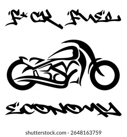 Imagem Vetorial Estilizada De Uma Motocicleta Personalizada Sobre Um Fundo Branco Com A Letra F*CK FUEL ECONOMY. Imagem da camiseta. Imagem Para Tatuagem. Design de jaqueta.