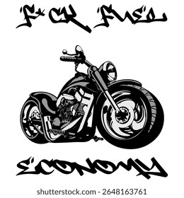 Imagem Vetorial Estilizada De Uma Motocicleta Personalizada Sobre Um Fundo Branco Com A Letra F*CK FUEL ECONOMY. Imagem da camiseta. Imagem Para Tatuagem. Design de jaqueta.