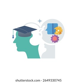 Imagem vetorial estilizada retratando perfis humanos em azul e cinza, refletindo sobre ideias complexas para a realização e o sucesso educacional.
