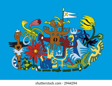 The stylized vector image of fantastic characters on a raft