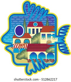 The stylized vector image of a fantastic fish and typical Mediterranean town