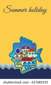   The stylized vector image of a fantastic fish and typical Mediterranean town