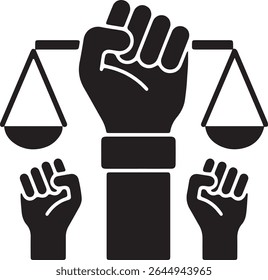 Stylized vector image featuring a central fist beneath balanced scales, flanked by two more fists, symbolizing justice and empowerment. It appears to be a stock graphic element for content creation.