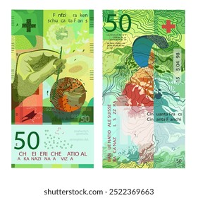 Stylized vector image of fifty Swiss francs back and front