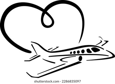 Stylized vector image of the flying plane in the form of a heart