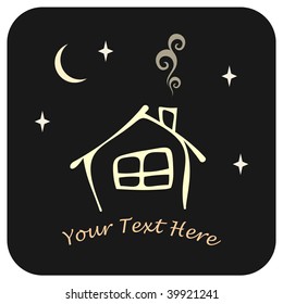 Stylized vector image of the house with a window and a chimney. Black background with moon and stars.