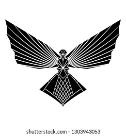 Stylized vector image of a mystical bird. Celtic sacred symbol. Sign of Vikings. A raven with the opened wings. Indian totem. Black tribal animals tattoo. Vector illustration.