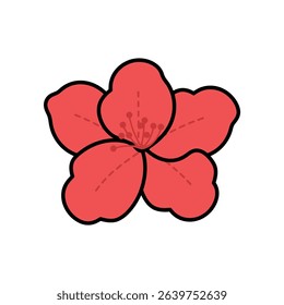 Stylized vector image of a pink flower, featuring five petals with black outline, a central stigma, and dashed lines on each petal, isolated on white.