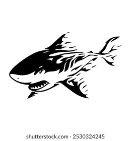 Stylized Vector Image Of A Predatory Fish Shark With An Open Toothy Mouth. T-shirt Image. Image For Tattoo.