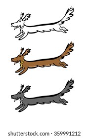 A stylized vector image of a running dachshund. Three variations: grayscale, colored, and line art.