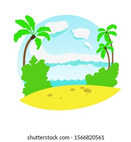 Stylized vector image of the sea beach, palm cloudy sky and vegetation.	
