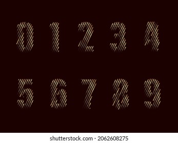 stylized vector image of a set of numbers from 0 to 9 in golden tones on a dark background for decorating postcards, banners, business cards, logos and other images