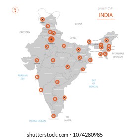 Stylized vector India map showing big cities, capital New Delhi, administrative divisions and country borders with   China, Pakistan, Nepal, Bhutan, Bangladesh, Burma.

