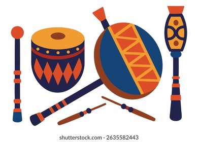 Vetor estilizado de instrumentos musicais indígenas, incluindo tambores, flautas e chocalhos com intrincados motivos tribais. Isolado em um fundo branco limpo, perfeito para cultural, musical ou design.