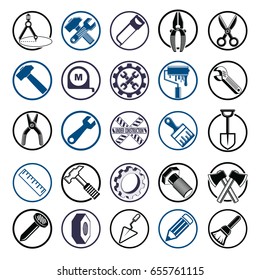 Stylized vector industrial icons, 3d work tools collection. Set of repair instruments, manufacturing and construction utensil.