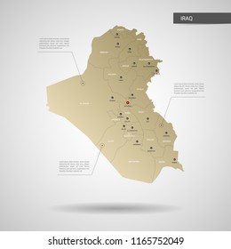 Stylized vector Iraq map.  Infographic 3d gold map illustration with cities, borders, capital, administrative divisions and pointer marks, shadow; gradient background. 
