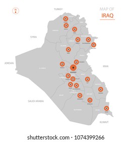 Stylized vector Iraq map showing big cities, capital Baghdad, administrative divisions and country borders with 
Syria, Jordan, Saudi Arabia, Kuwait
, Iran, Turkey.