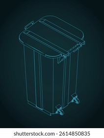 Stylized vector isometric blueprint of a two-wheeled trash bin