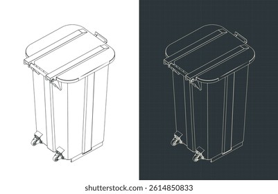 Stylized vector isometric blueprints of a two-wheeled trash bin