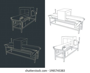 Imágenes de color isométrico vectorial estilizado de dibujos de una correa transportadora con un detector de metales