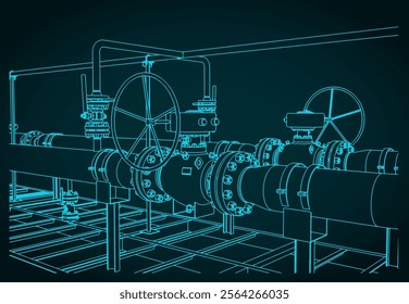 Stylized vector isometric illustration of a natural gas metering skid close-up