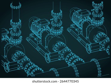 Ilustração isométrica vetorial estilizada do sistema de estação de bombeamento de água