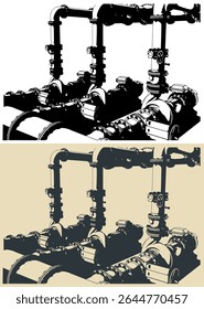 Stylized vector isometric illustration of water pumping station system