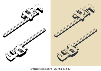 Stylized vector isometric illustrations of adjustable wrench