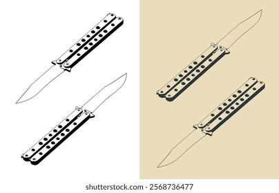Stylized vector isometric illustrations of butterfly knife