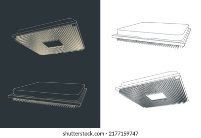 Stylized vector isometric illustrations of drawings of CPU