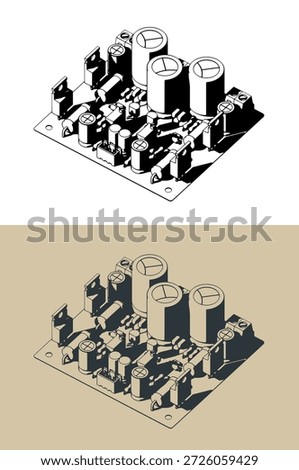 Stylized vector isometric illustrations of Hi-Fi stereo audio amplifier board