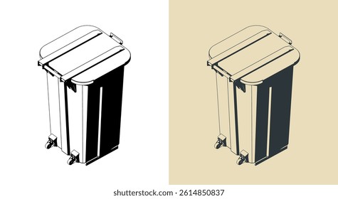 Stylized vector isometric illustrations of a two-wheeled trash bin