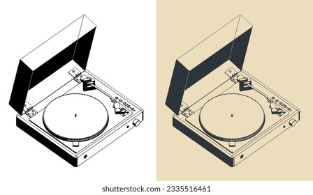 Stylized vector isometric sketches of a turntable vinyl player