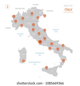 Stylized vector Italy map showing big cities, capital Rome, 
administrative divisions.