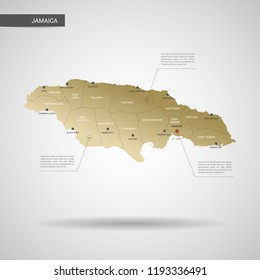 Stylized vector Jamaica map.  Infographic 3d gold map illustration with cities, borders, capital, administrative divisions and pointer marks, shadow; gradient background. 