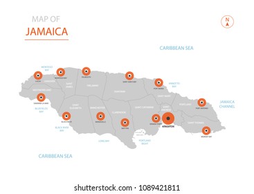 Stylized vector Jamaica map showing big cities, capital Kingston, 
administrative divisions.