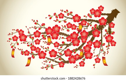 Stylized vector of Japanese quince (Chaenomeles japonica) flowers on branch