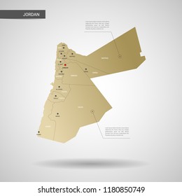 Stylized vector Jordan map.  Infographic 3d gold map illustration with cities, borders, capital, administrative divisions and pointer marks, shadow; gradient background. 